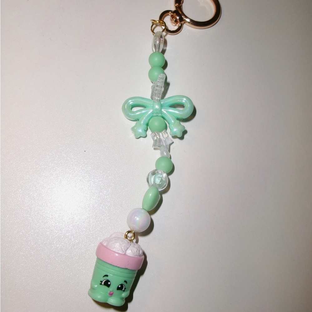 Cute Green Shopkin Keychain with Bow and Character Charm